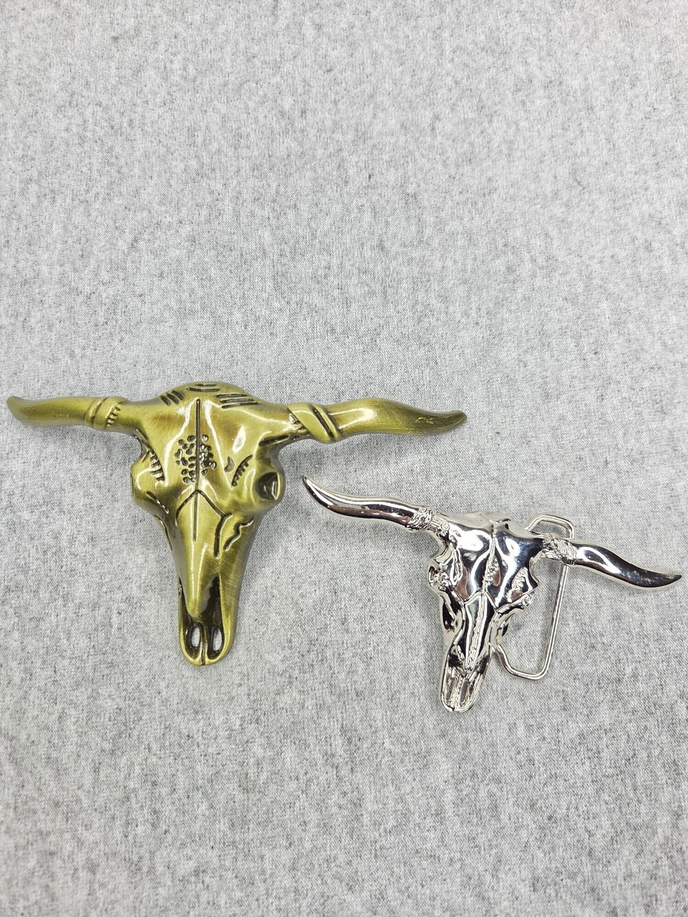 Lot of 2 Longhorn Steer Skull Belt Buckles Large Western Brass Tone Silver Tone